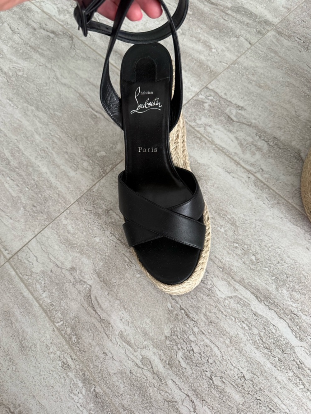 Christian Louboutin Black Leather Espadrille Wedge Sandals - Picture 8 of 13